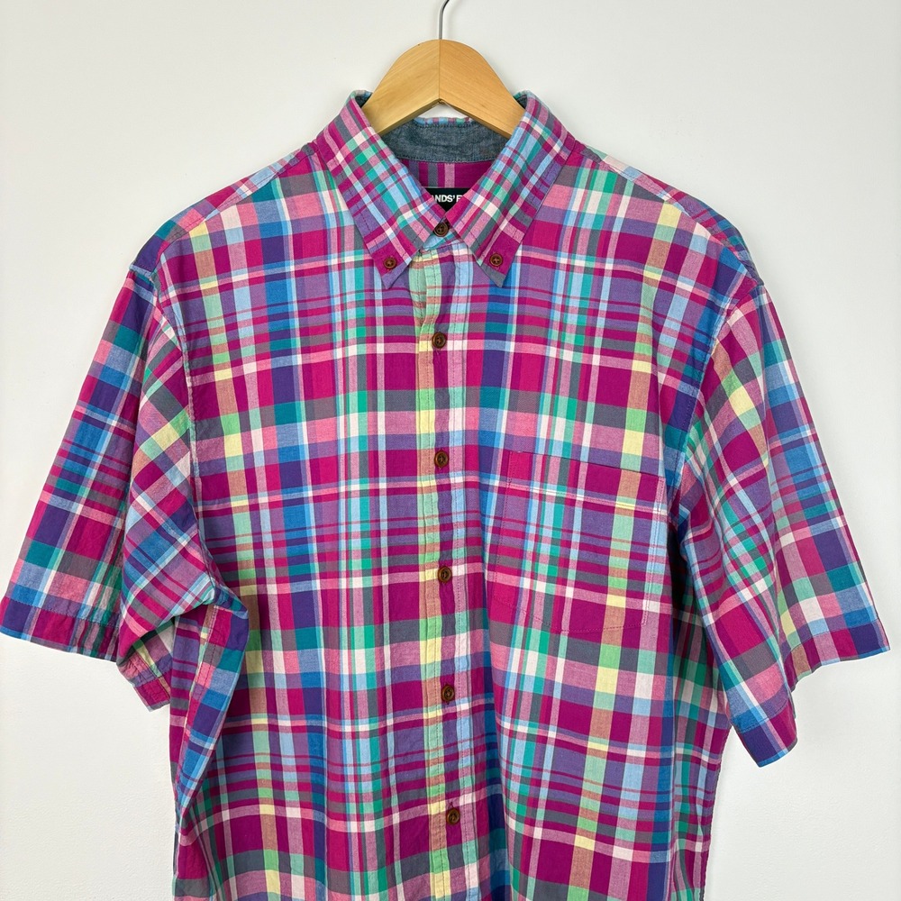Lands End Mens Traditional Fit Plaid Madras Button Down Short Sleeve Shirt Large - Picture 5 of 12